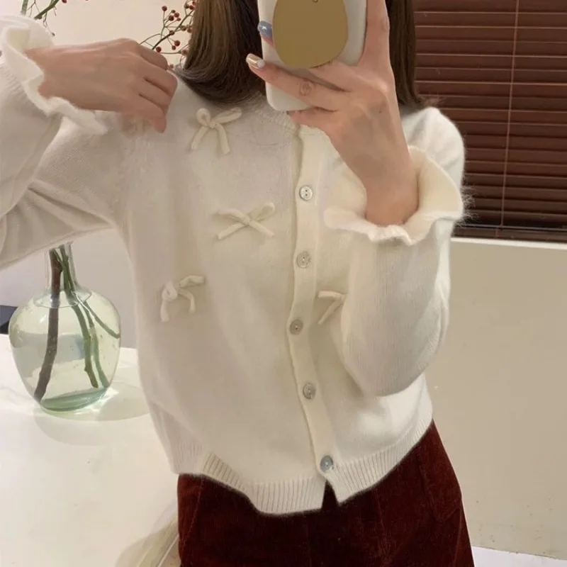 O-neck Bow Knitted Cardigan Women Top Coat Korean Style Small Jacket Button Flared Sleeve Ladies Sweater Cardigan Autumn Winter