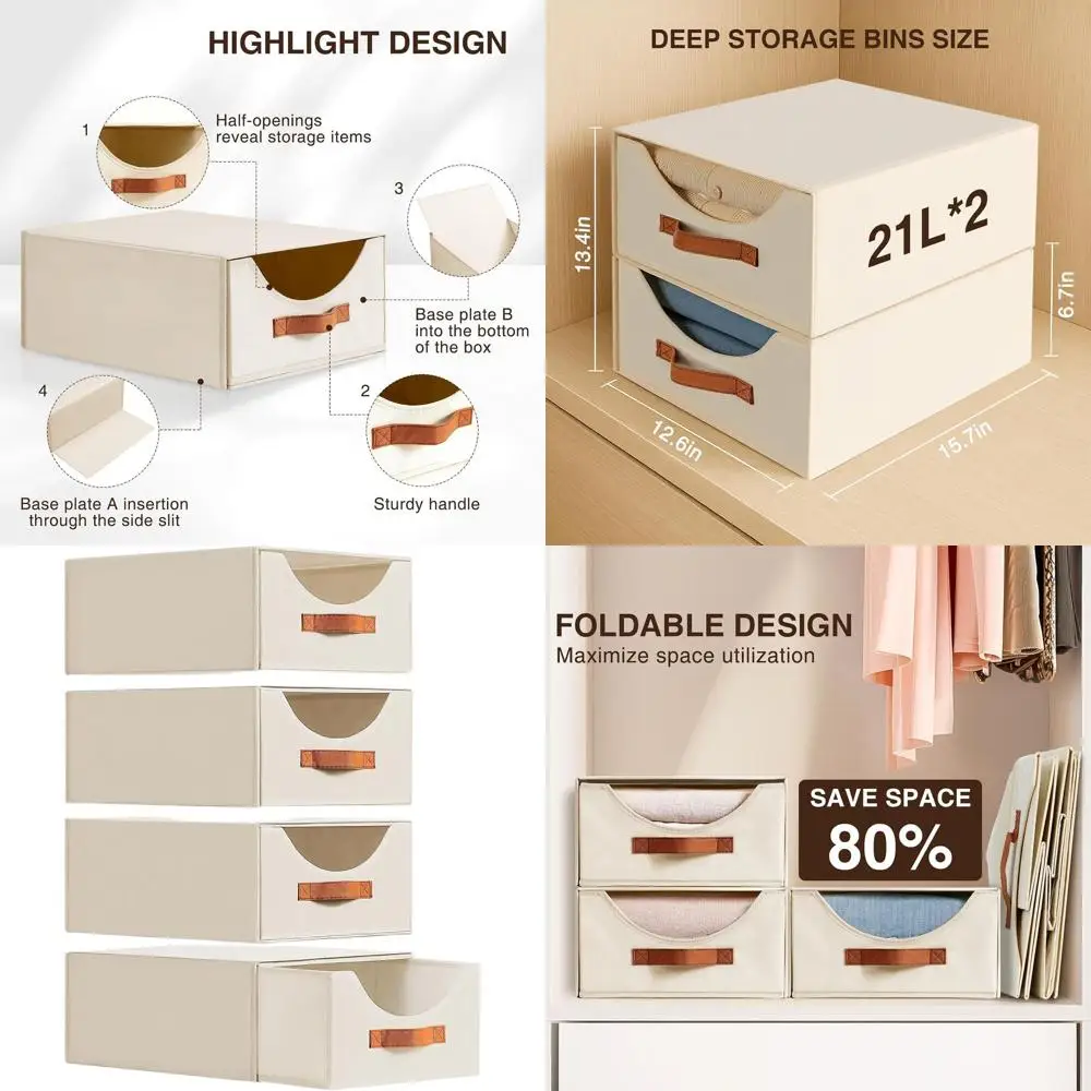 

4-Pack Large Fabric Storage Drawers with Pull-Out Bins for Closet, Bedroom, Living Room, Dorm - Light Beige
