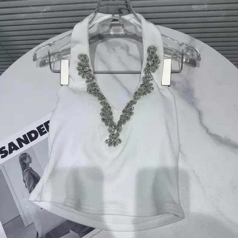 2024 Winter New Temperament Rhinestones Celebrity Flower Drill Edge Halter Slim Fit Versatile Suspender Sling Tank Top