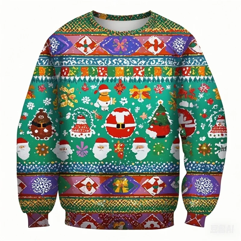 Merry Christmas 3D Print Sweatshirt Cartoon Santa Elf Snowman Pattern Long Sleeve Pullover Unisex Holiday Xmas Party Tops