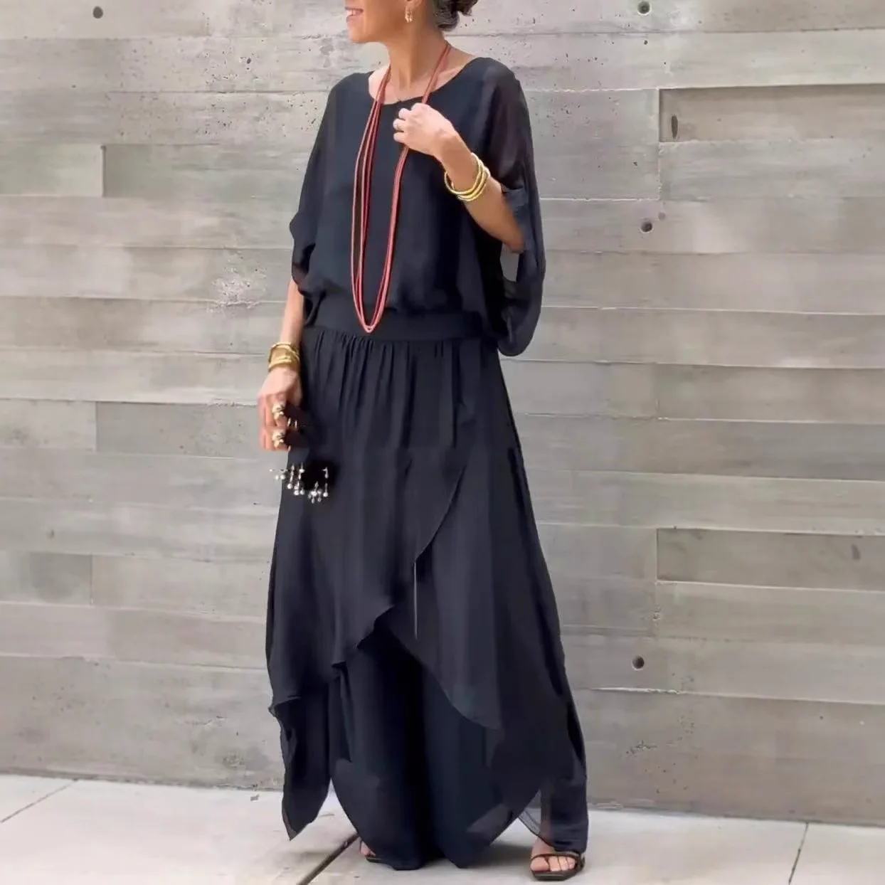 

2026 Summer European and American Loose and Comfortable Tops, Split-ended Wide-leg Pants, Chiffon Casual Suit Traf Zara