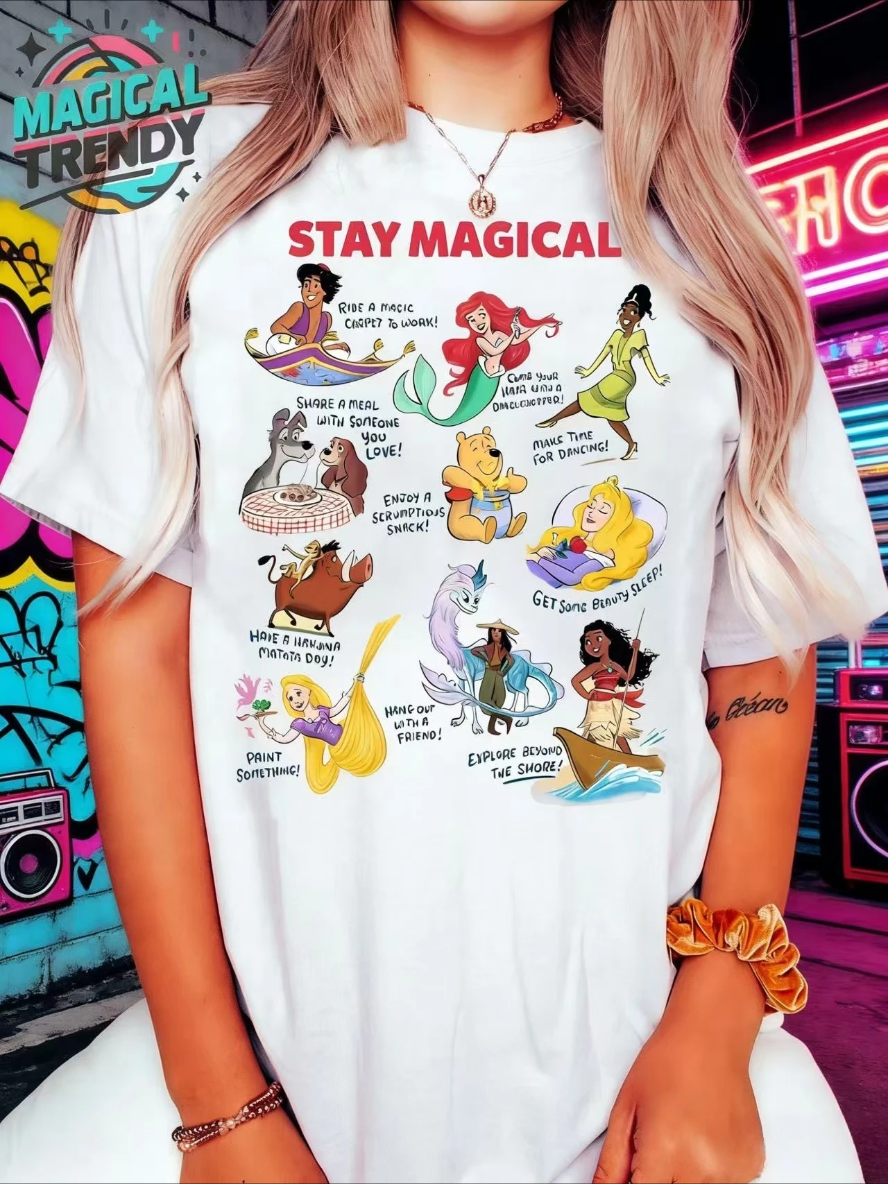 

Fun Disney Princess Character Magic Shirts, Featuring Adorable Short-sleeved Shirts with Ariel, Moana Tiana Aurora and Rapunzel.
