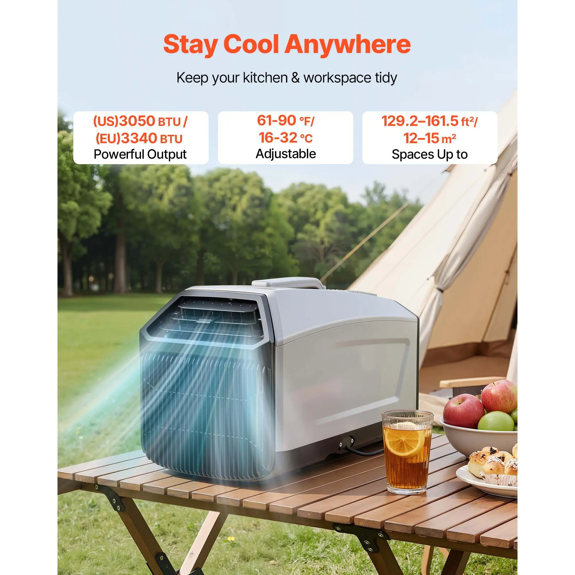 

Portable Camping Air Conditioner 3050 BTU, Tent AC Unit with Hose, Remote & Touch Control, 61–90°F Adjustable, 150 m³/h High Airflow, Low Noise, Ideal for Tent. RV, Outdoor Cooling, Dark Grey