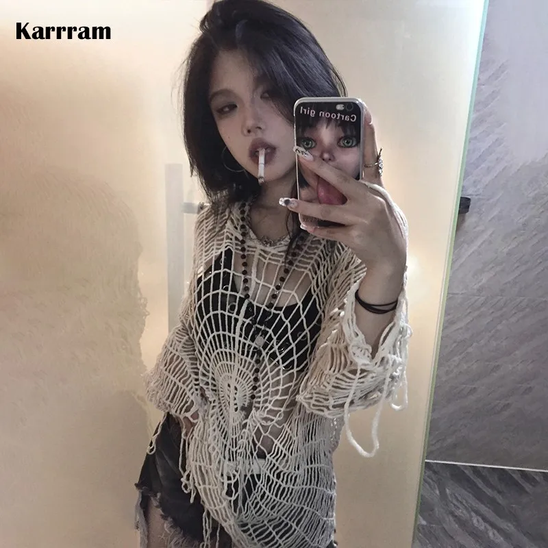 

Karrram Japanese Y2k Hollow Out Knitted Top Trashy 2000s Style Spider Web Pullover Vintage Harajuku Hole Hooded Knitwear Grunge