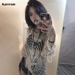 Karrram Japanese Y2k Hollow Out Knitted Top Trashy 2000s Style Spider Web Pullover Vintage Harajuku Hole Hooded Knitwear Grunge