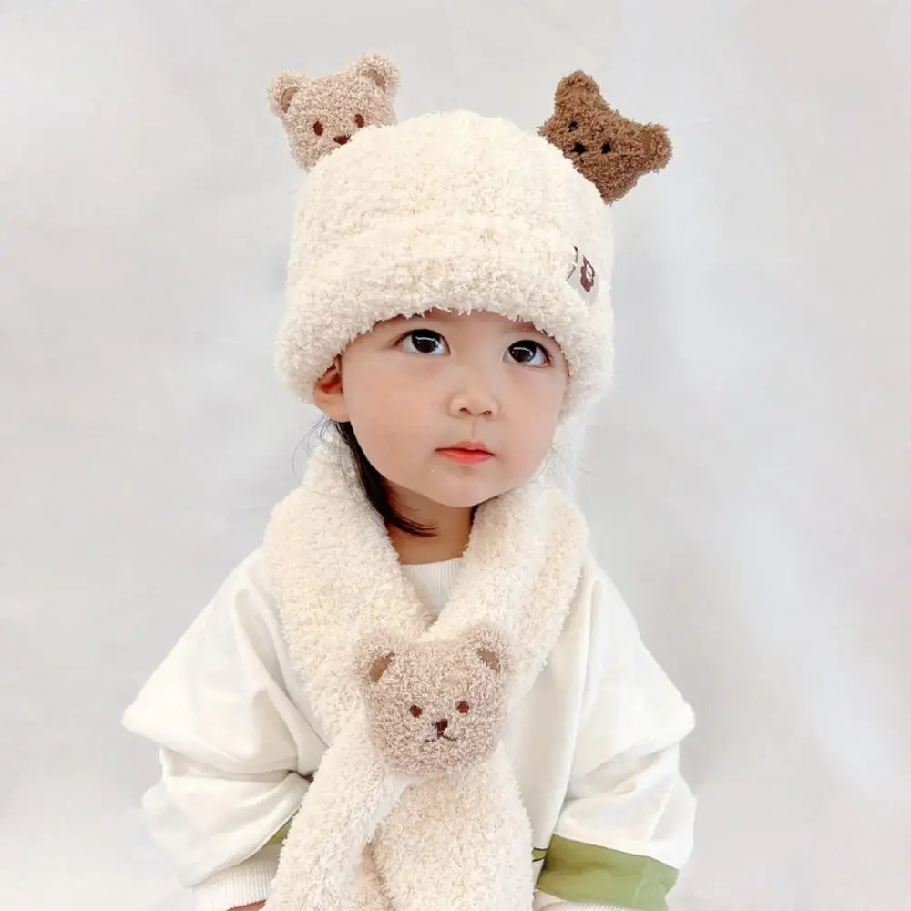 Cute Fluffy Bear Autumn Winter Hats Ear Protection Windproof Hat Scarf Set Warmer Warm Bonnet for Children - view 5