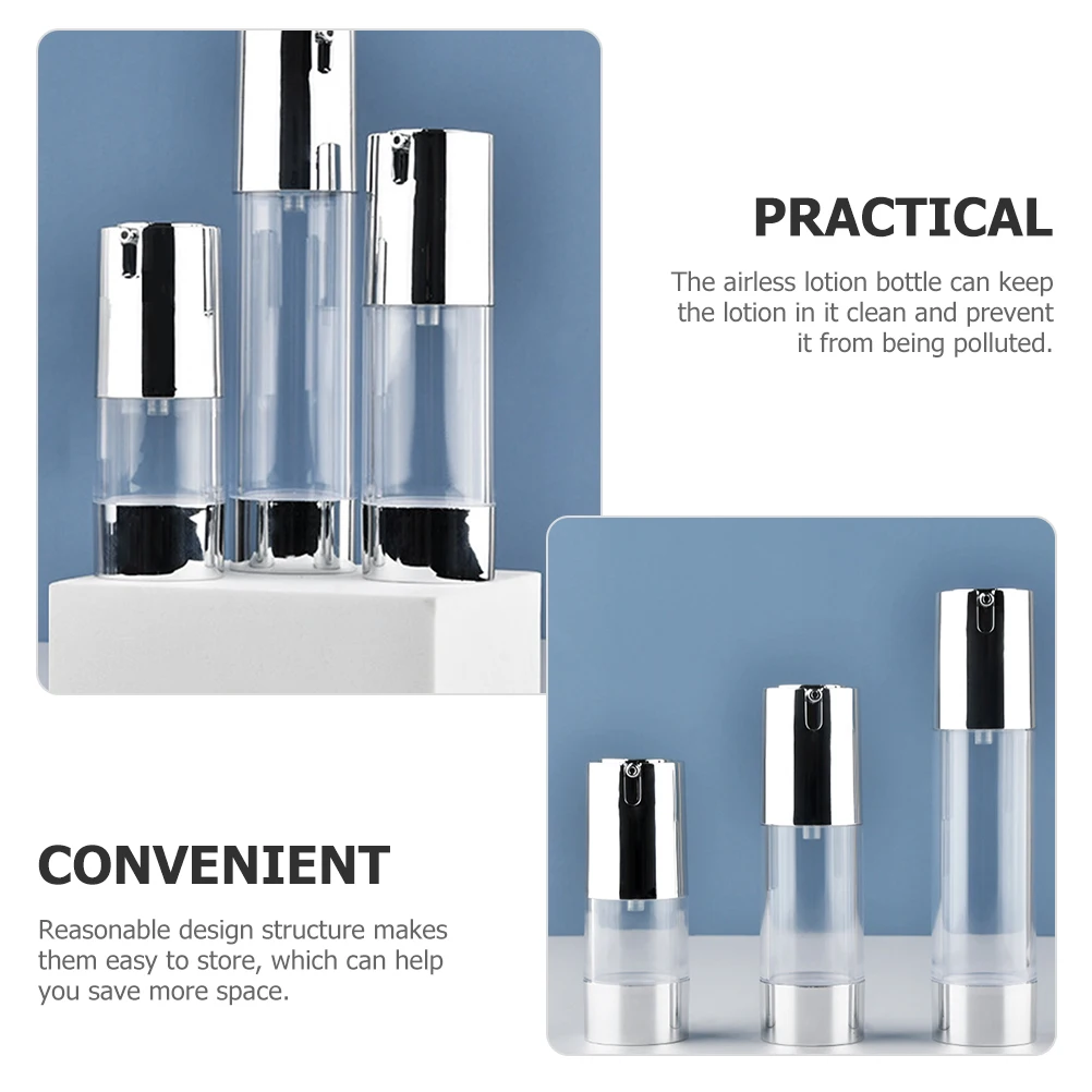 

3pcs 30ml Bright Silver Airless Toiletry Bottles Pump Leak Proof Travel Toiletry Containers Reusable jars