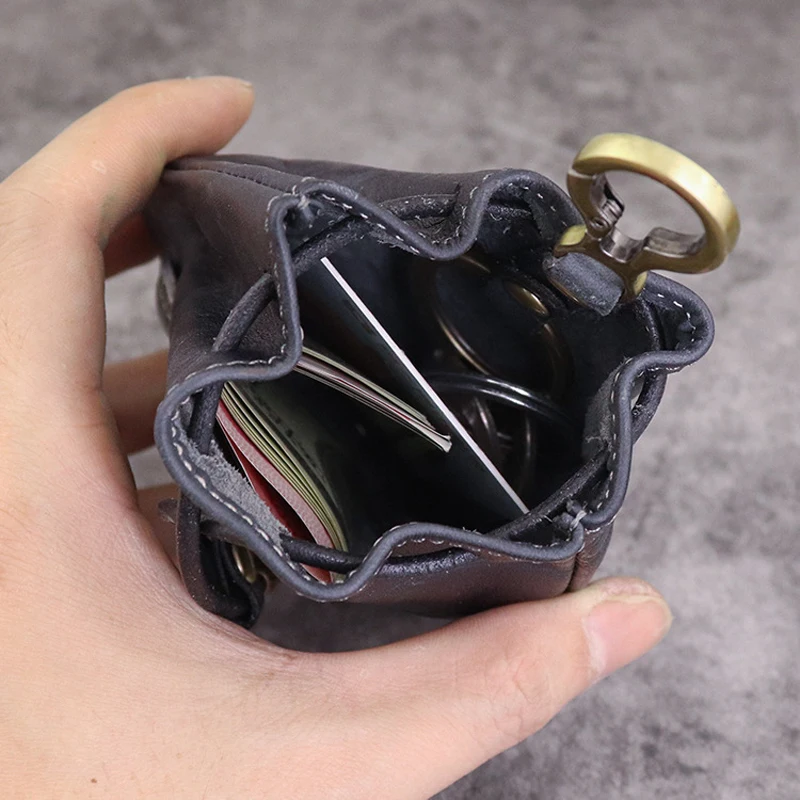 New Retro Creative Small Coin Purse Genuine Leather for Women Mini Wallet Money Bag Drawstring Design Card Holder Key Holder Bag