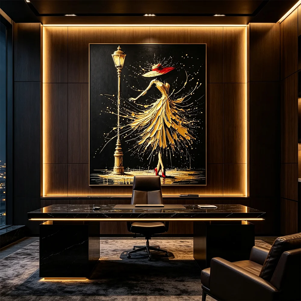 Abstract Dancing Hat Girl Art Hanging Painting Street Lamp Landscape Printing Oil Painting Canvas Poster for Bedroom Home Decor