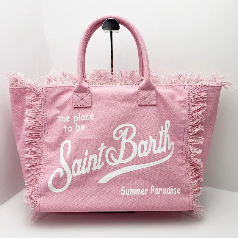 Imagem -05 - Saint Barth-bolsa Feminina de Lona Grande Capacidade Listra Xadrez com Borla Lazer Turismo Novo2023