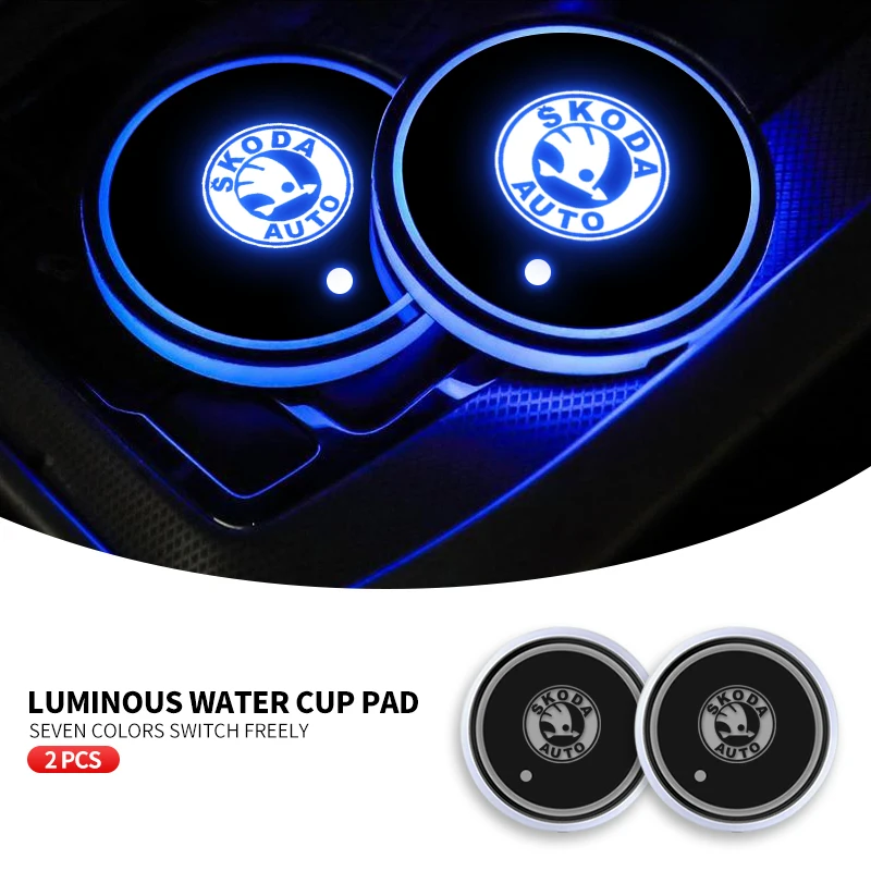 1/2Pcs Car Luminous Coaster Non-Slip Mat For Skoda Fabia Superb Yeti Octavia Enyaq Rapid Kodiaq Kamiq Karoq Scala A7 Accessories