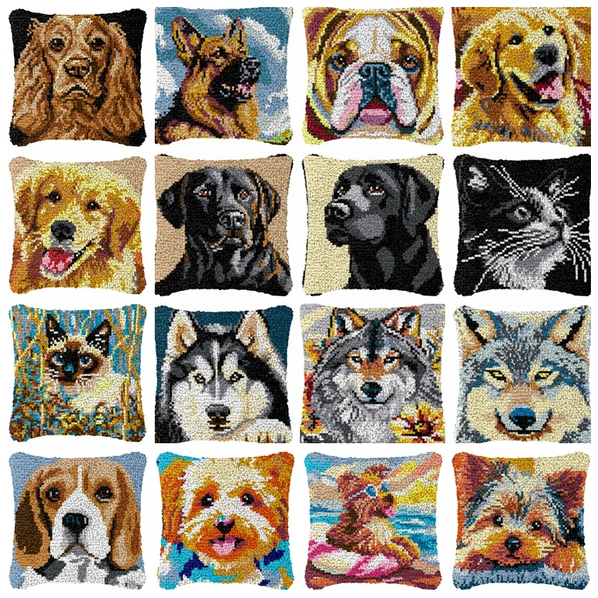 Wolf Dog Series Latch Hook Kits Animal myrna Pillowcase Knot Pillow Package Needlework Canvas Set DIY Embroidery Cushion Pillow