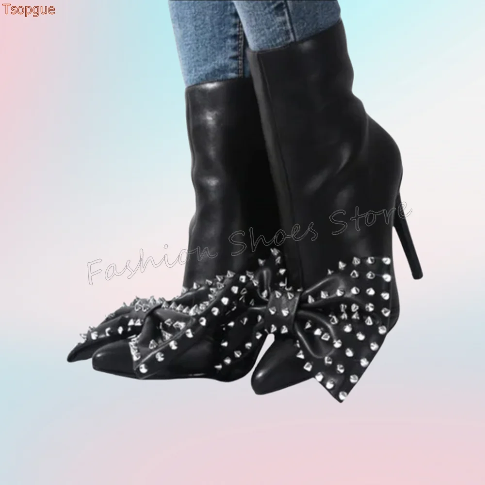 

Black Rivet Decor Bow knot Decor Boots Back Zipper Matte Leather High Heel Shoes for Women Heels 2025 New Zapatos Para Mujere