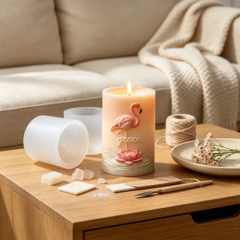 1PCS DIY Handmade Flamingo Lotus Scented Wax Candle Mold Epoxy Resin Gypsum Figurine Casting Mould for Home Crafting