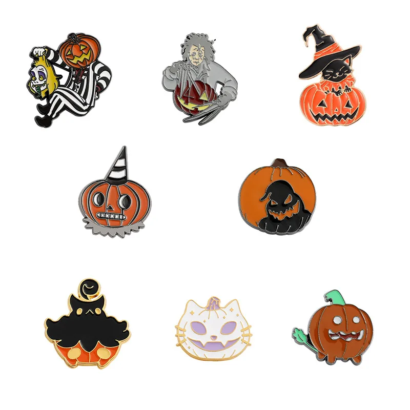 

Hot Selling Cartoon Halloween Pumpkin Series Brooch European and American Scissor Hands Cat Pumpkin Brooch Metal Badge
