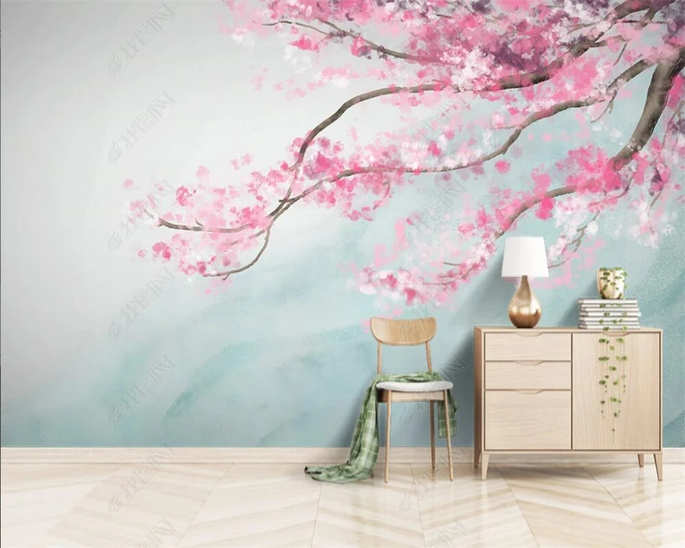 beibehang Customized modern hand-painted Nordic elegant cherry tree pink flower romantic indoor background wallpaper