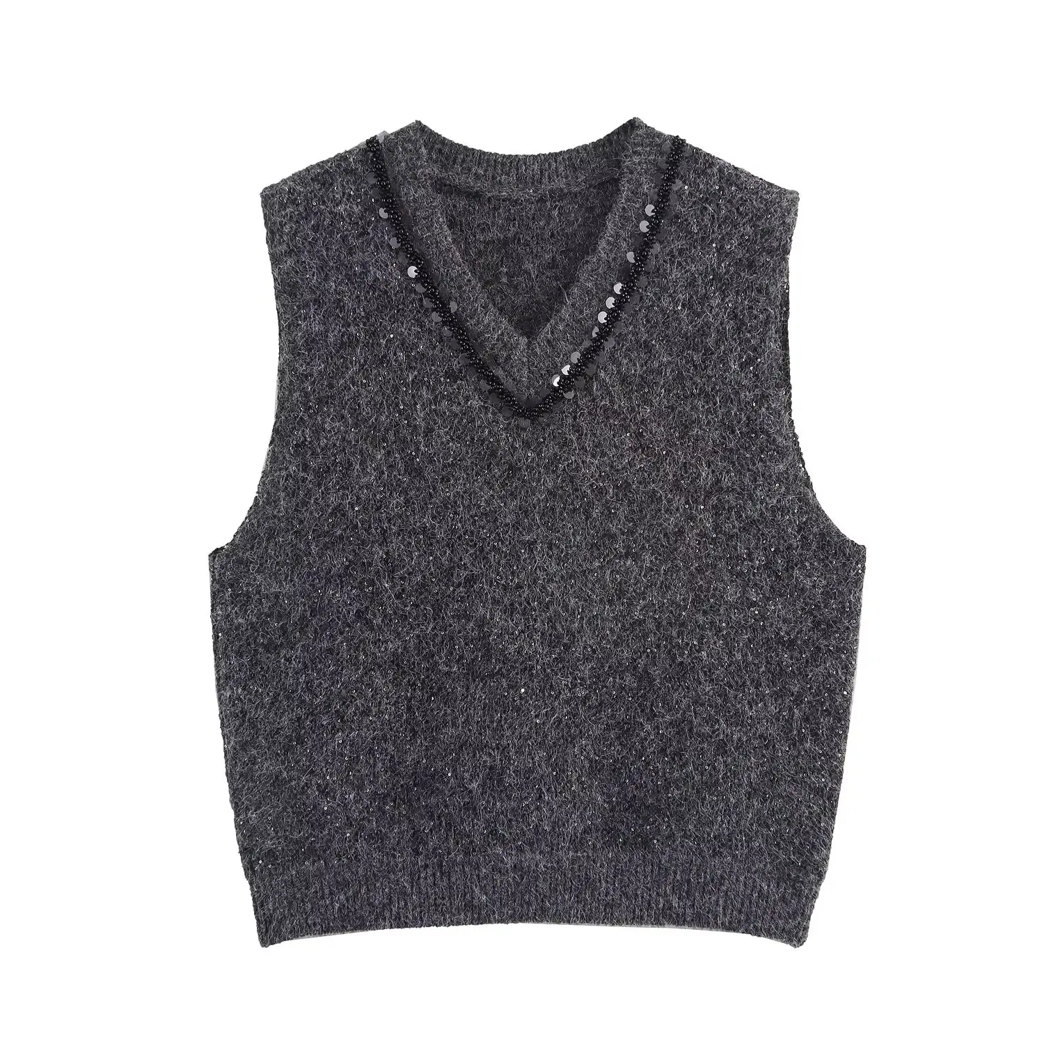 

ZBZA Spring New Women's Faion Design iny Ne Decorative Knitted Vest V-ne Regular Length Pure Color Triacetate Fiber