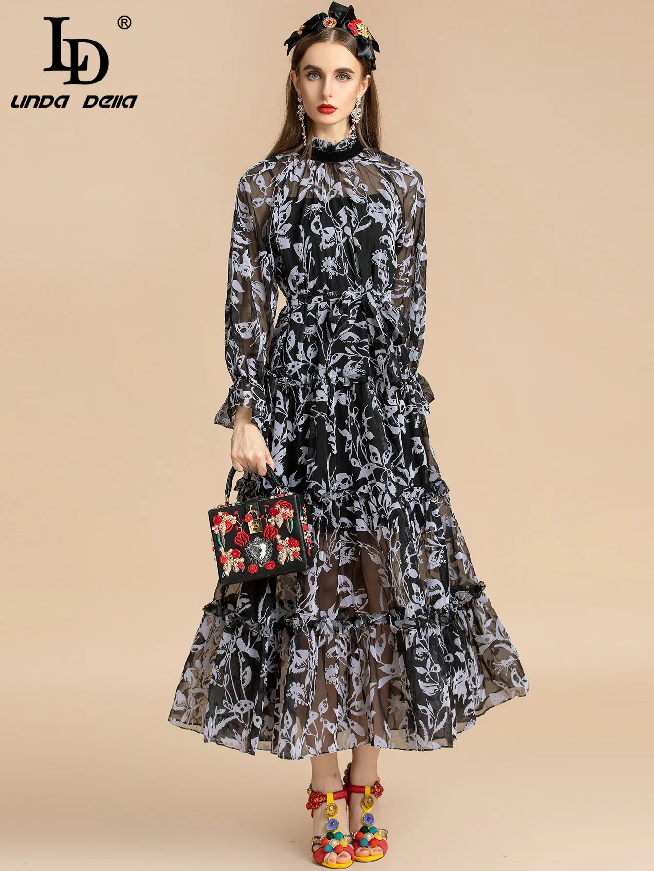 

LD LINDA DELLA Fashion Runway Summer Dress Women's Flare Sleeve Flower Print Belted Loose Vintage Party Long Dresses Vestidos