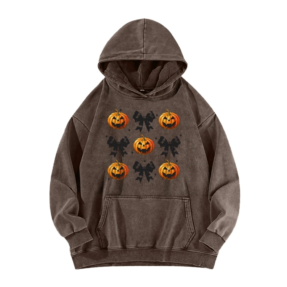 Halloween Black Bow Pumpkin Face Washed Hoodie Trendy Gothic Halloween Autumn Winter Spooky Season Sweatshirt Costumes Pullovers