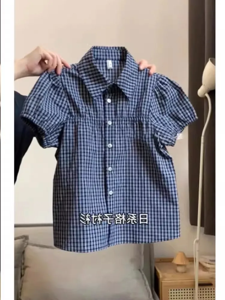 Conjunto de camiseta y cárdigan de manga abombada a cuadros japoneses para mujer, blusa Retro holgada informal de verano 2025, traje Vintage para chica dulce
