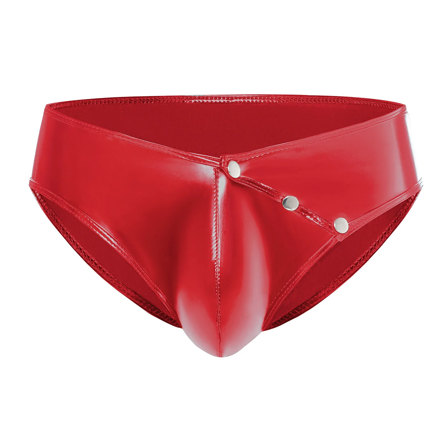

Sexy Men Glossy Faux Leather Lingerie Bulge Pouch Briefs Underwear Erotic Male Underpants with Press Buttons Low Waist Panties