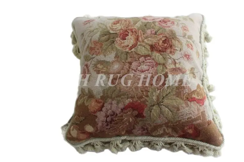 

FREE SHIPPING 15K 16"X16" Needlepoint pillow, handknotted cushion with floral designs no insertion