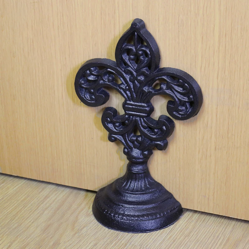 Antique Black Fleur De Lis Cast Iron Door Stop Single-sided With Half Round Bottom Base For Home Garden Gate Decoration Heavy