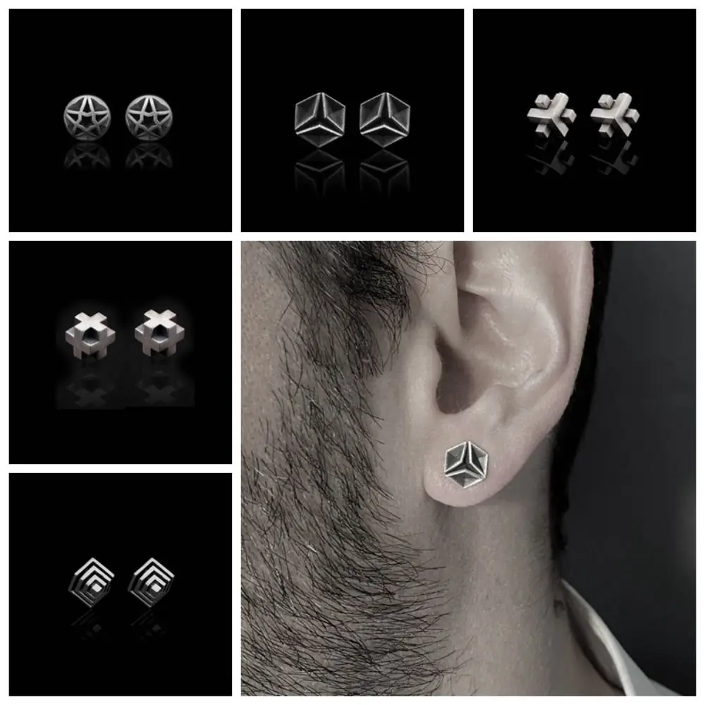 Korean Style Punk Men's Earnings Street Wear Solid Color Geometric Stud Earrings Alloy Stereoscopic Hip Hop Earring Jewelry Gift