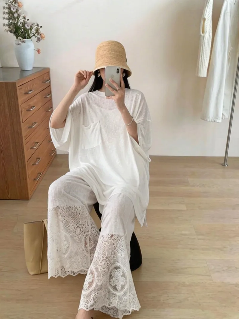 

New Soft Casual Loose Lace Flared Pants Women Summer French Elegant Thin Hollow Out High Waist Splice Long Straight Trousers