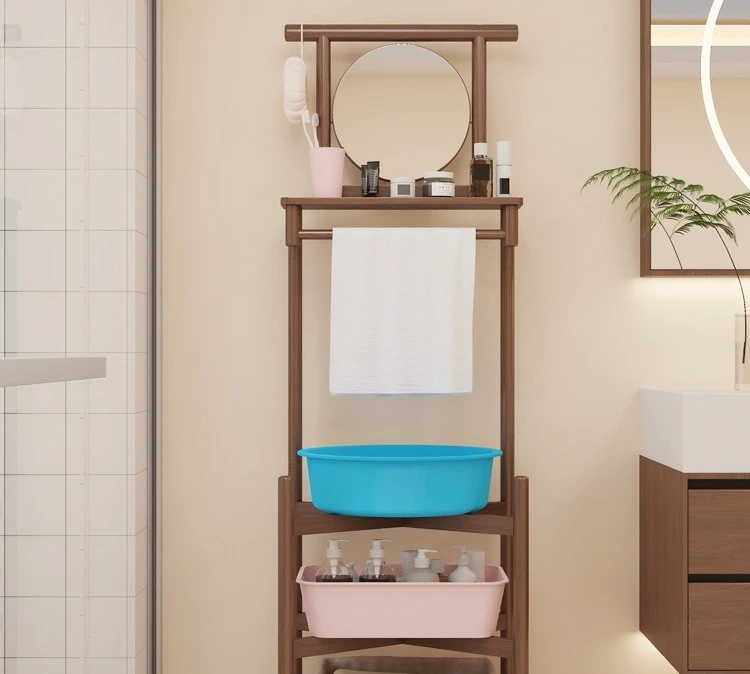

Washbasin shelf Solid wood floor-to-ceiling household old-fashioned rural storage rack Bathroom washing rack rack
