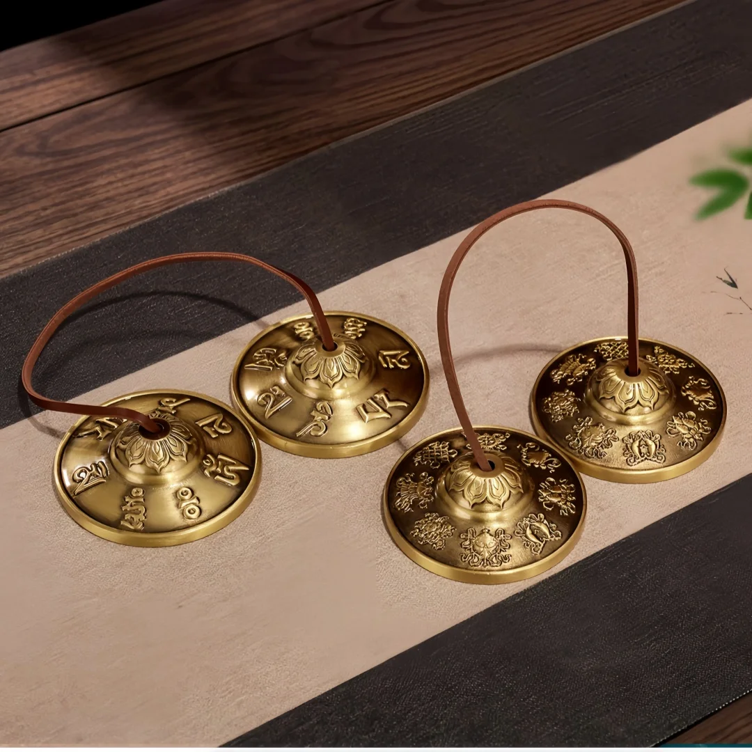 Nepal Handmade Tingsha Cymbals, Brass Six Character Mantra Eight Auspicious Symbols, Small Ritual Altar Ornament