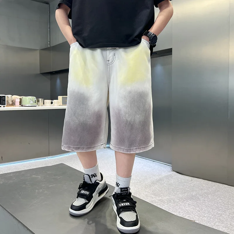 New Summer Children Loose Casual Capri Jeans with Tie-dye Design for Teenager Boys Baggy Denim Shorts Kids Knee Length Pants