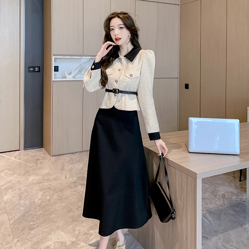 High Quality Autumn Winter Small Fragrance Vintage Belt 2 Peice Set Women Top Short Jacket Coat+Long Skirts Sets Fashion Suits