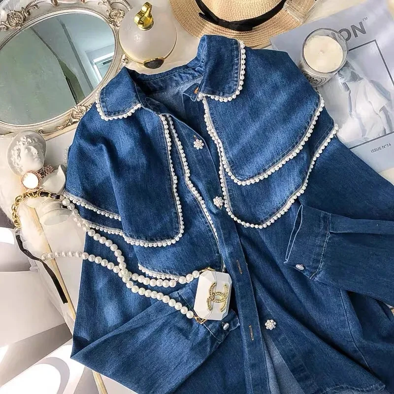 French Style Doll Collar Denim Blouses Women Vintage Loose Pearl Design Jean Shirts Spring Tops Long Sleeve Cute Blusas Mujer