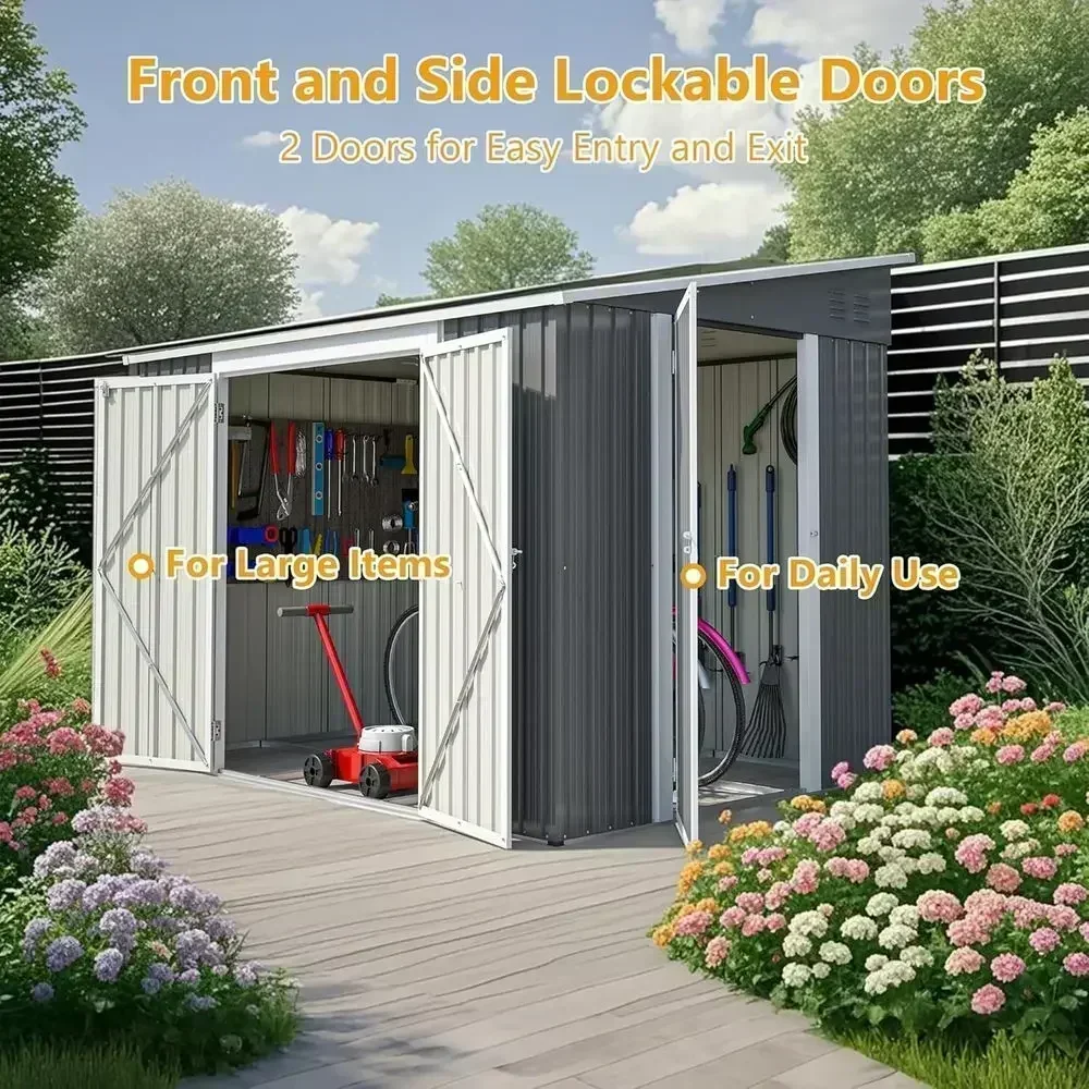 6x8 ft Outdoor Metal Storage Shed with Floor, Large Tool & Lawn Mower Storage, Two Lockable Doors, Waterproof Garden Shed for Ba