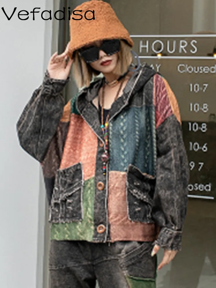 

Vefadisa 2024 Spring Autumn Vintage Distressed Denim Splicing Short Coat Trend Long Sleeve Casual Hooded Jacket Girl LWL131