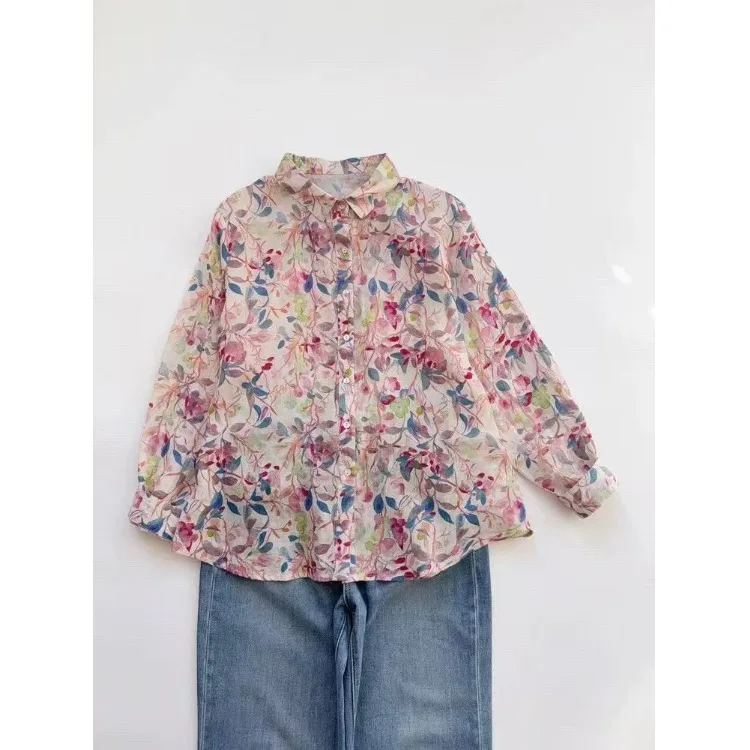 

Высококачественная женская рубашка с розово-голубым цветочным принтом, весенне-летняя новинка, свободный крой, хлопок, длинный рукав, универсальный повседневный топ