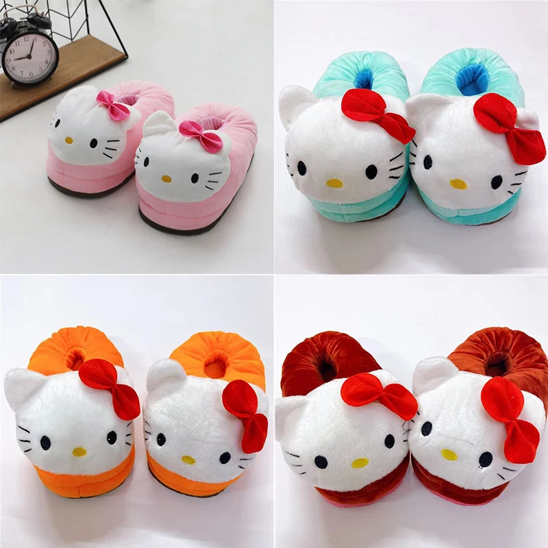 

Kawaii Hello Kitty, нечеткие хлопковые тапочки, зимние теплые нескользящие плюшевые тапочки для девочек, домашние уличные хлопковые тапочки, милый подарок