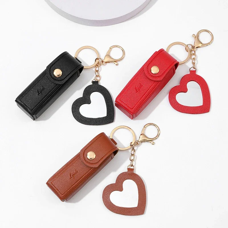 Solid Color Portable Lipstick Bags Wallet Keychain Mini Storage Bag For Women Lipsticks Protective Cover With Mini Makeup Mirror