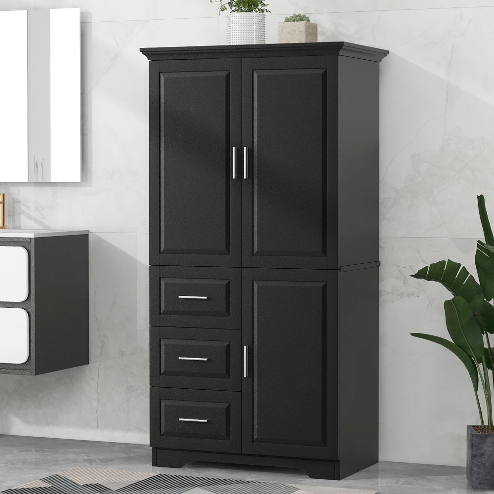 

Tall and Wide Storage Cabinet with Doors for Bathroom/Office Three Drawers Black