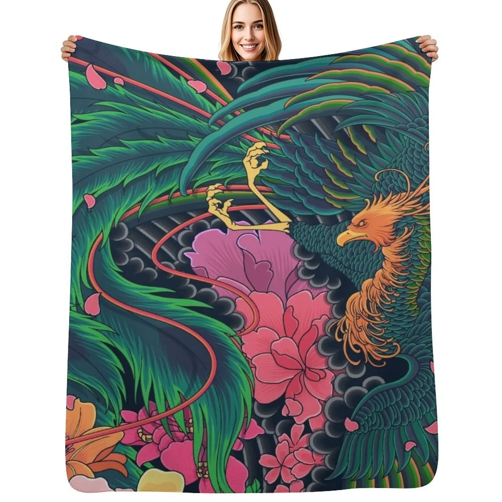 Japanese Motive Design, The Grand Phoenix Throw Blanket Portable Lightweight Blanket for Travel Camping