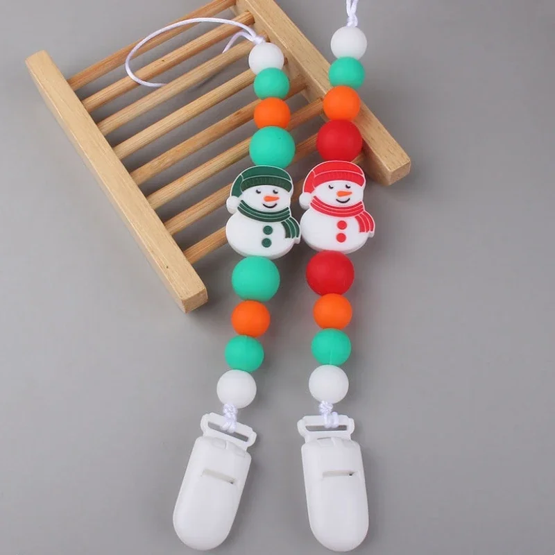 Clips de silicona para chupete de bebé, soporte de cuentas de dentición para recién nacido, cadena de pezón para niños y niñas, mordedores de Navidad, juguete colgante