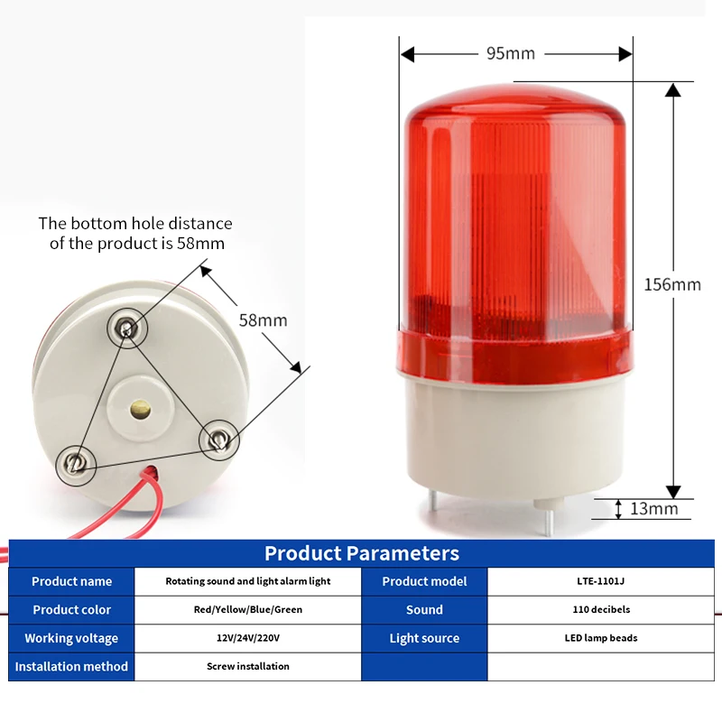 LTE-1101J Rotating Warning Light with Buzzer 12V/24V/220V Waterproof Flashing Signal Light Industrial Signal Light Safety Alarm