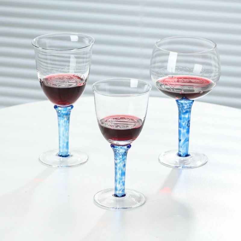Crystal Blue Patterned Glass Cup, Artificially Blown Whiskey Glass, High-value Household High Footed Glass, Bar Wine Accessory