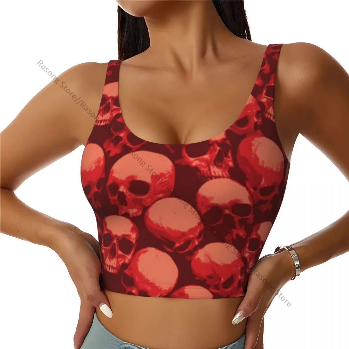 Yoga Vest Women Gym Sports Crop Tops Red Skulls Background Streetwear Workout Breathable Tank Top Female