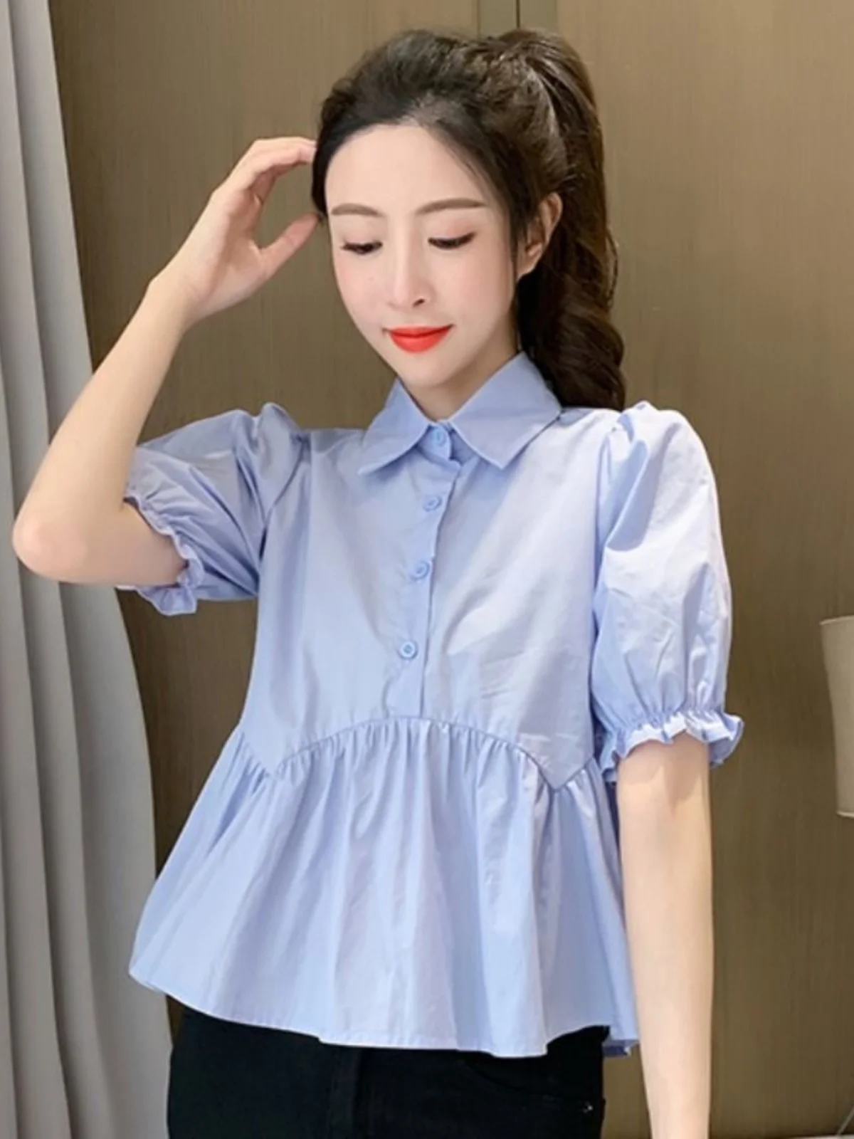 

Korean Sle Bubble Sve irt Summer Faion Simple Ele Loose Le irt Commute Friendly Pure Color Ne