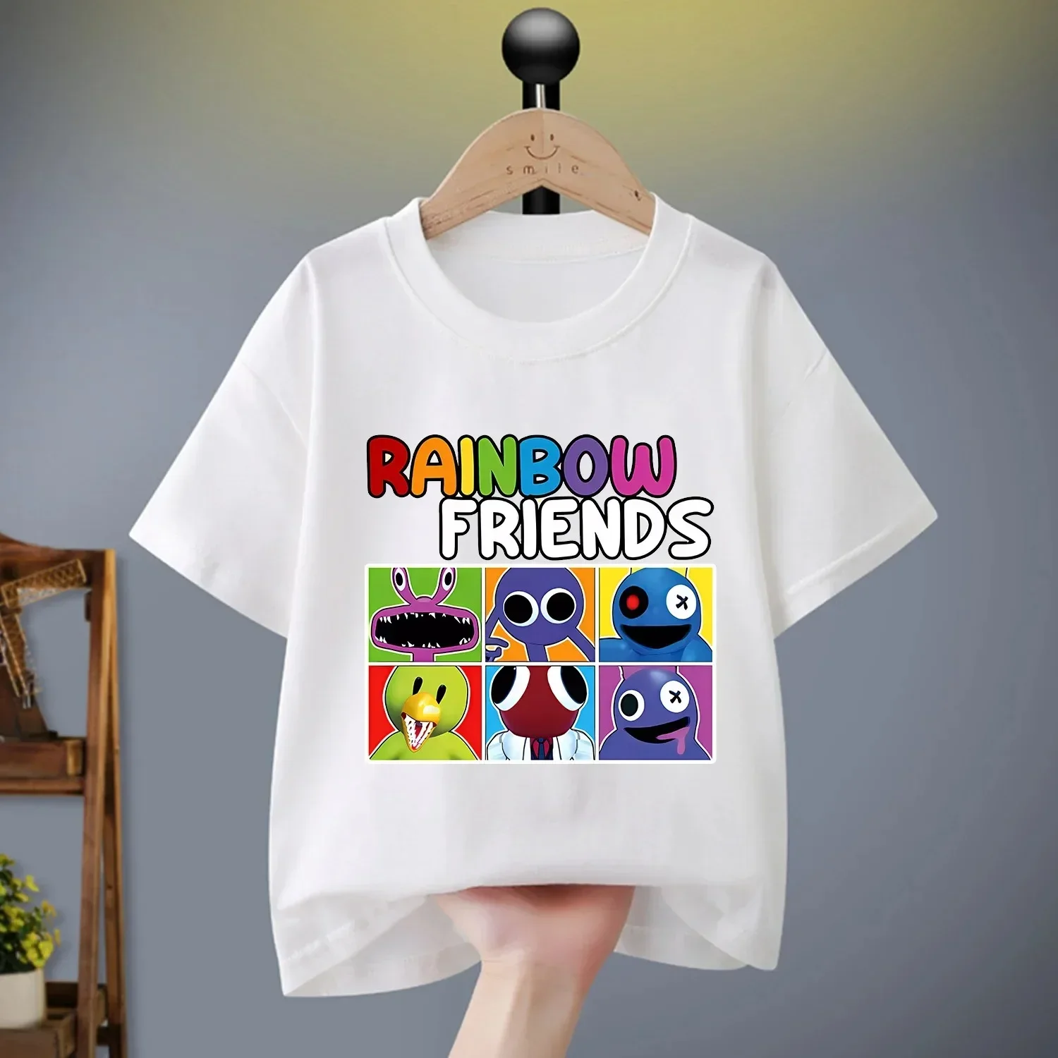 Fashion Rainbow Friends T-shirt for Children Cute Cartoon Black White Cotton T-shirt Short Sleeve Boy Girl Loose Clothing Gift