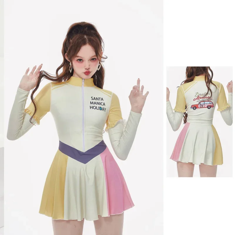 Cute Long Sleeve Rash Guard Women Patchwork One Piece Swimsuit Dress Zipper Swimwear Surfing Suit High Neck Diving Clothes