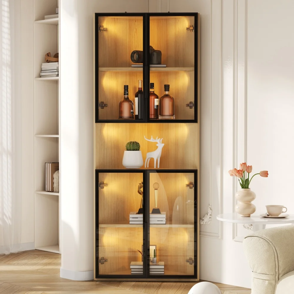 PINGGO LED-Glasvitrine 62x32x160cm Eichenfarben Gehärtetes Glas Staubdichter Eckschrank Mit Lichtleiste Bücherregal
