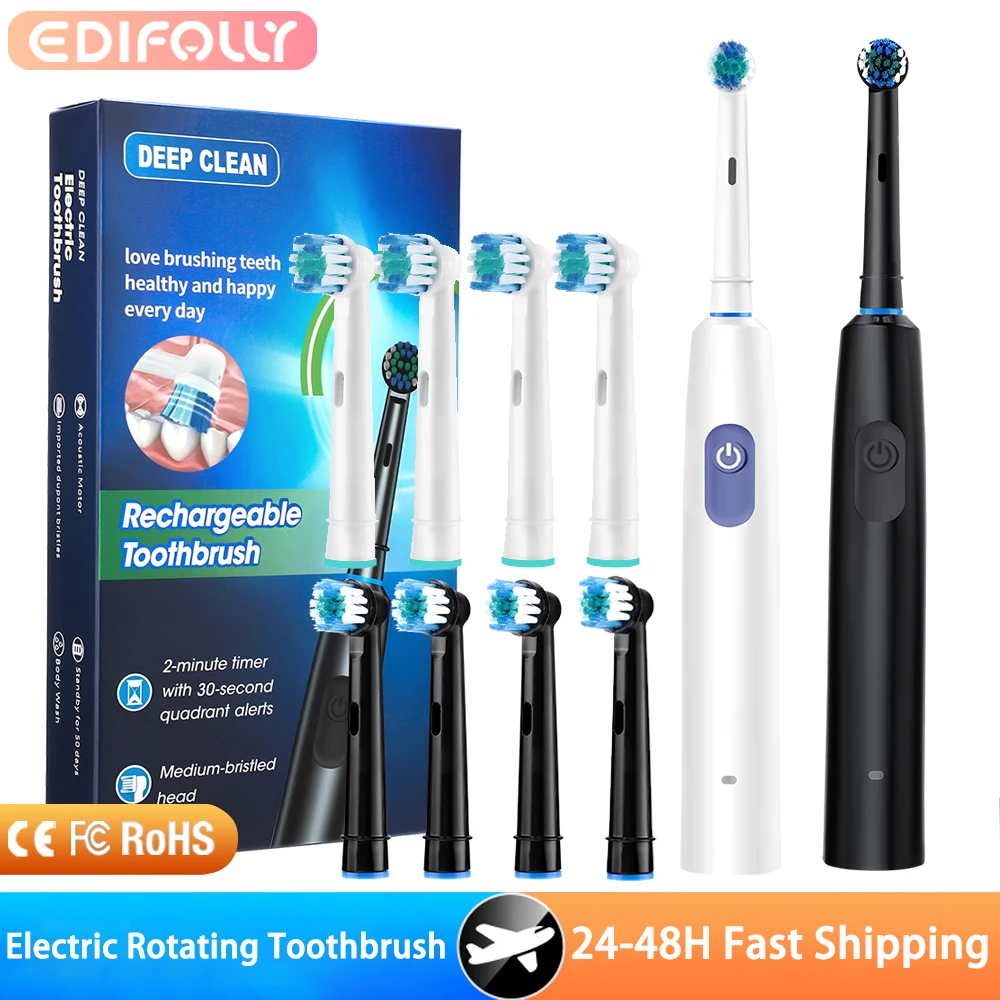 فرشاة أسنان كهربائية دوارة مع حامل للبالغين، مؤقت ذكي، تنظيف عميق مع فرشاة أسنان قابلة لإعادة الشحن مع 4 رؤوس للفرشاة